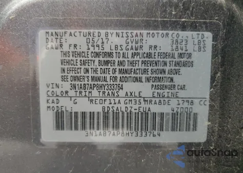 2017 Nissan Sentra S z USA, uszkodzony, nr VIN 3N1AB7AP8HY333764